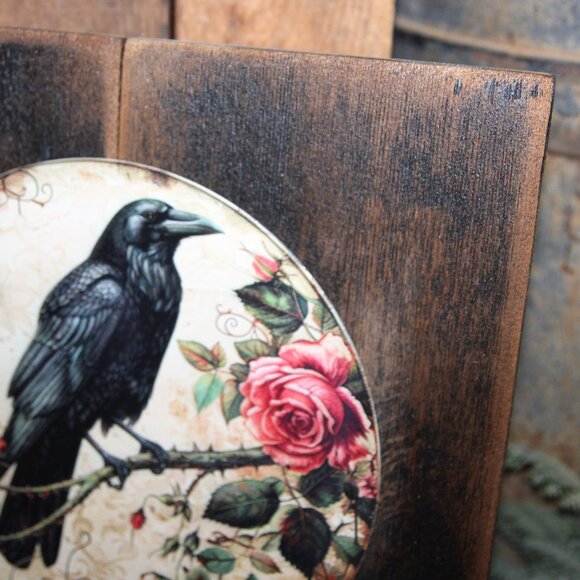 NEW Rustic Moody Black Raven Crow Black Bird & Roses Wall Decor Plaque Sign - Picture 2 of 3